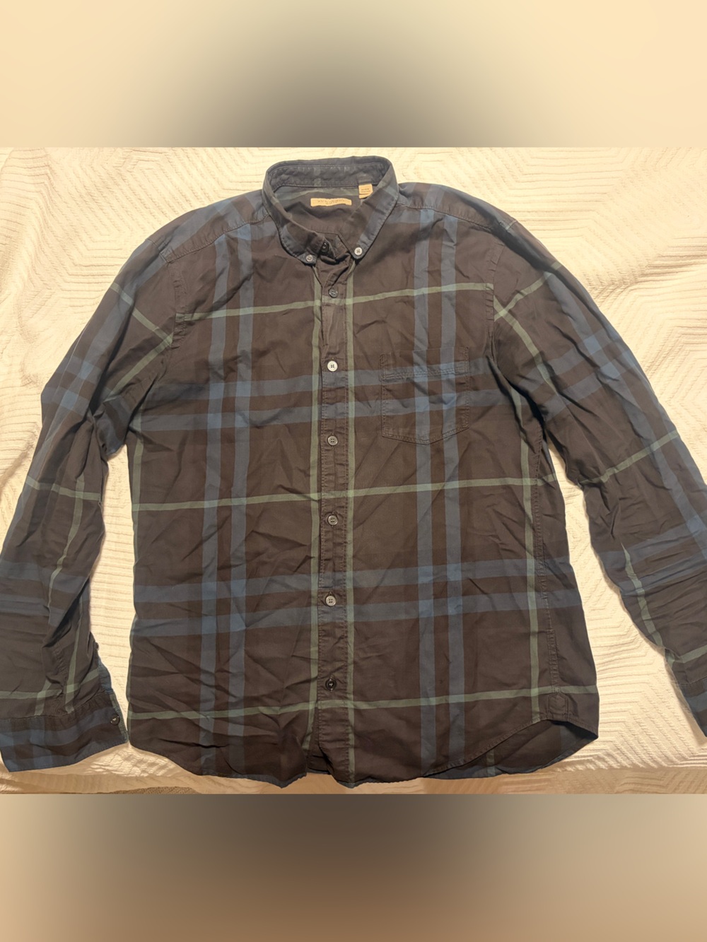 Men's Burberry Brit Lightweight Plaid 100% Cotton Shirt - Blue & Green